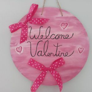 12" Round Pink and White Valentine's Door Hanger, Welcome Sign, Hand Painted